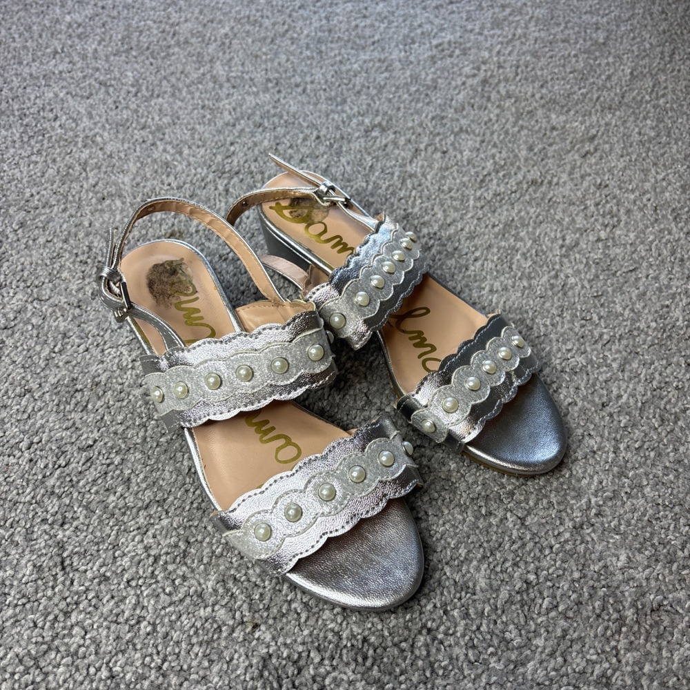 Sam Edelman sandals girls 3 Silver Scalloped Pearl Block Heel Metallic‎ spring